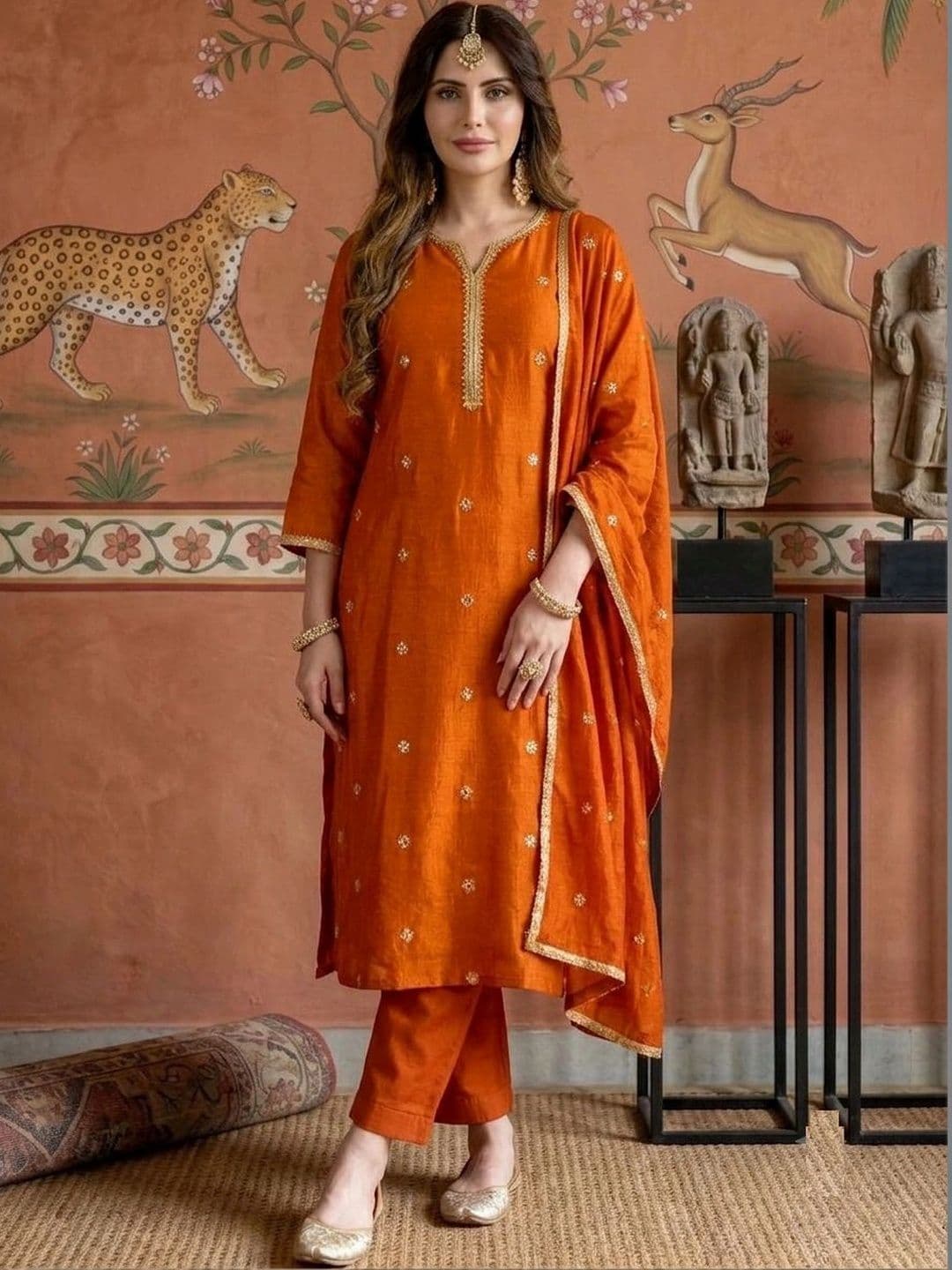 Sangria Women Ethnic Motifs Embroidered Regular Thread Work Pure Silk Kurta with Trousers & With Dupatta - view 1