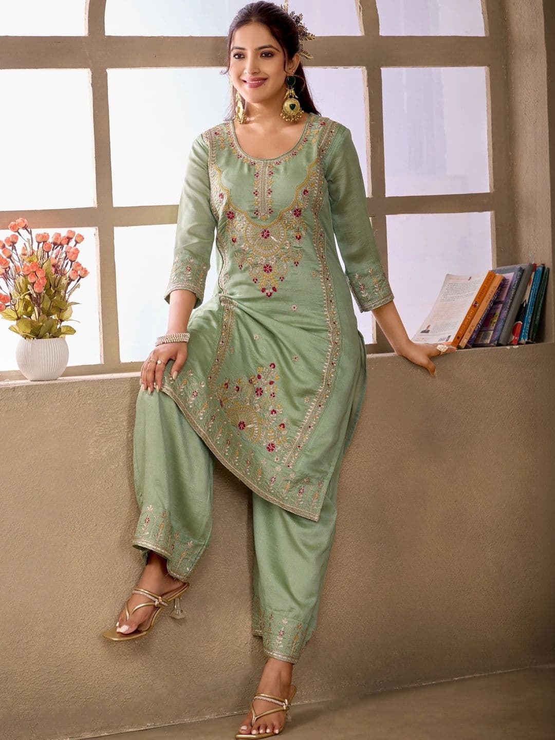 Sangria Embroidered Tunic with Palazzos thumbnail 3