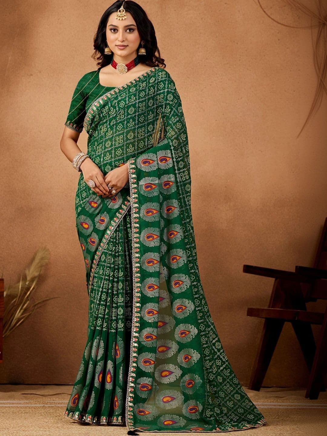 KALINI Bandhani Gotta Patti Poly Georgette Fusion Bandhani Saree - view 1
