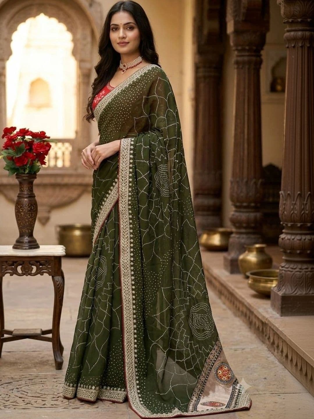 SmileyFashion Bandhani Embroidered Art Silk Designer Saree thumbnail 2