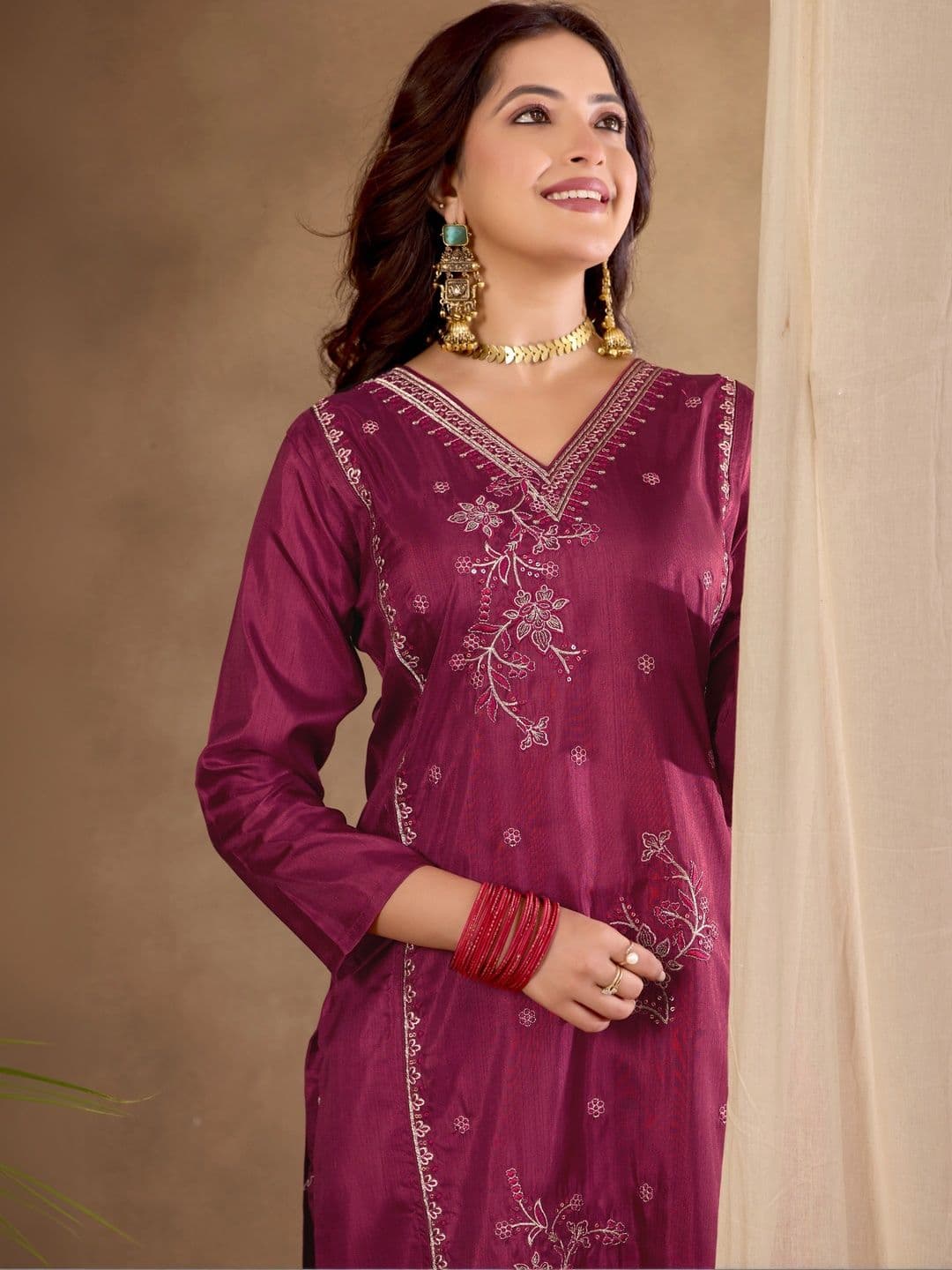 Sangria Floral Embroidered Tunic with Trousers thumbnail 2