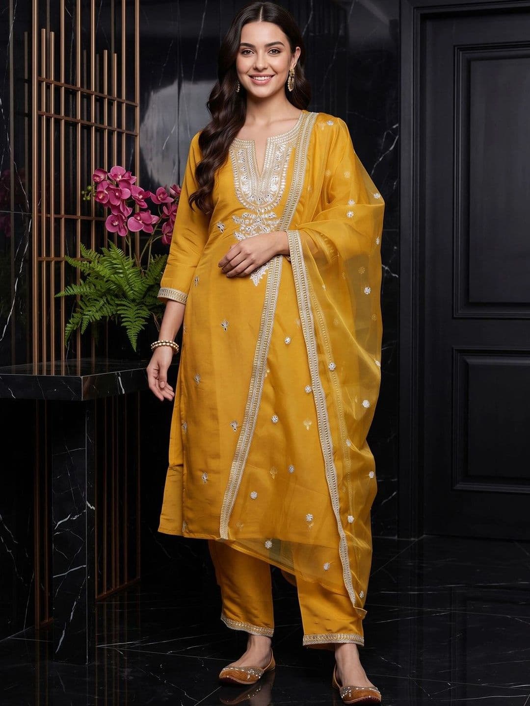 Indo Era Women Ethnic Motifs Embroidered Regular Thread Work Kurta with Trousers & With Dupatta thumbnail 5