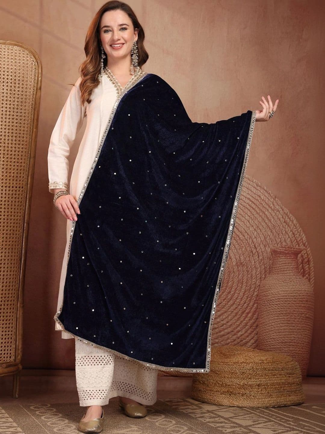 Clora Creation Velvet Dupatta with Mirror Work - view 1
