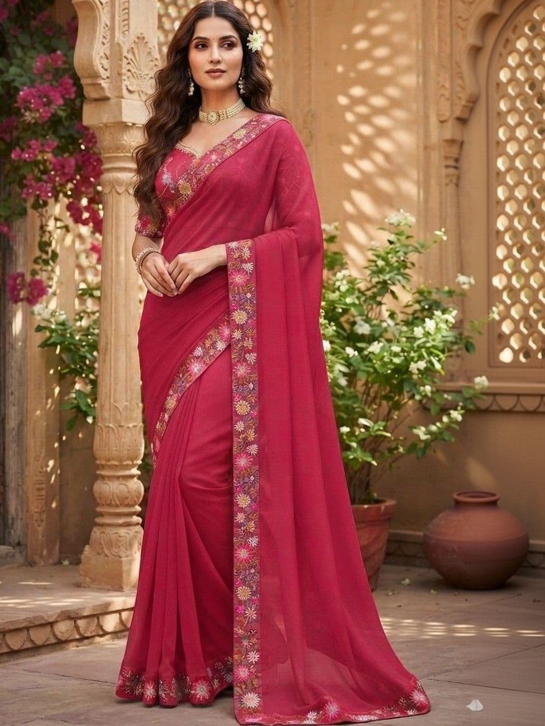 SmileyFashion Floral Embroidered Art Silk Saree - view 1