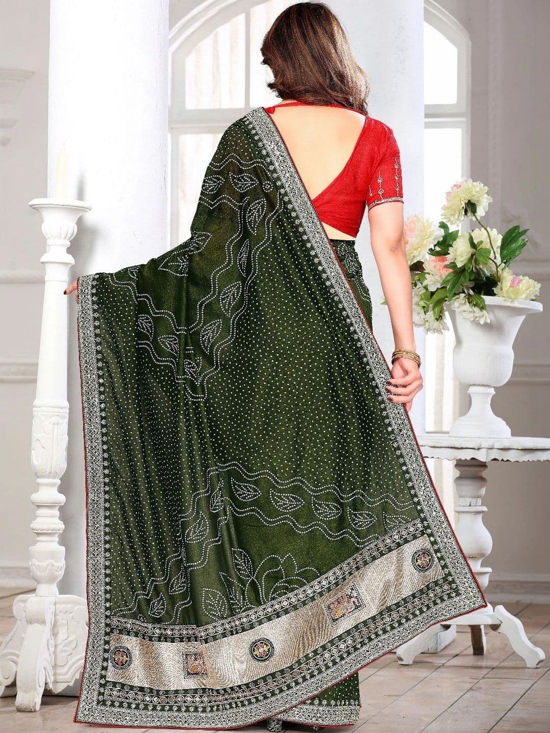 SmileyFashion Bandhani Embroidered Art Silk Designer Saree thumbnail 2