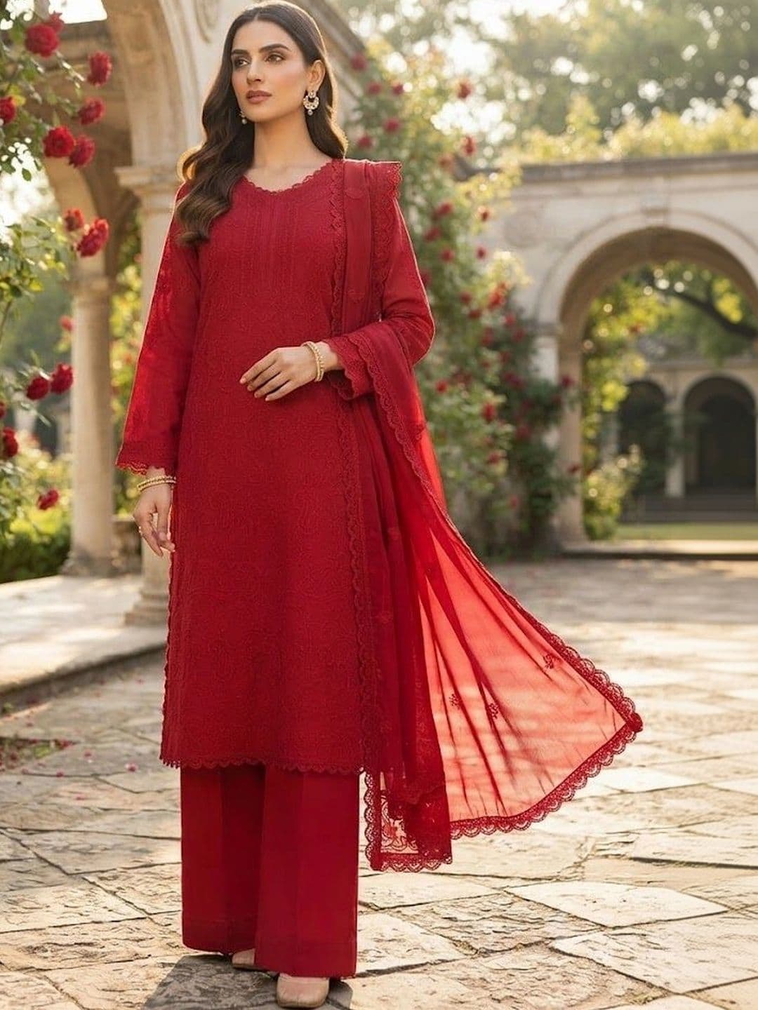 VASTRYN Women Ethnic Embroidered Regular Chikankari Kurta with Palazzos & With Dupatta thumbnail 4