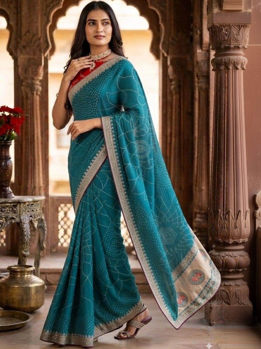 SmileyFashion Bandhani Embroidered Art Silk Designer Saree - view 1