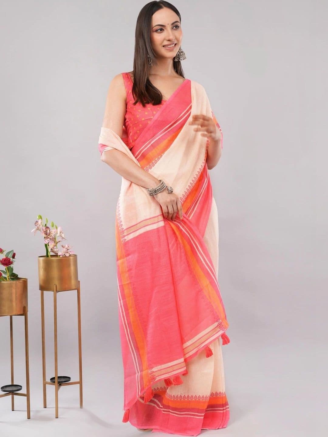 SAMANTHA Women Striped Linen Blend Saree thumbnail 7