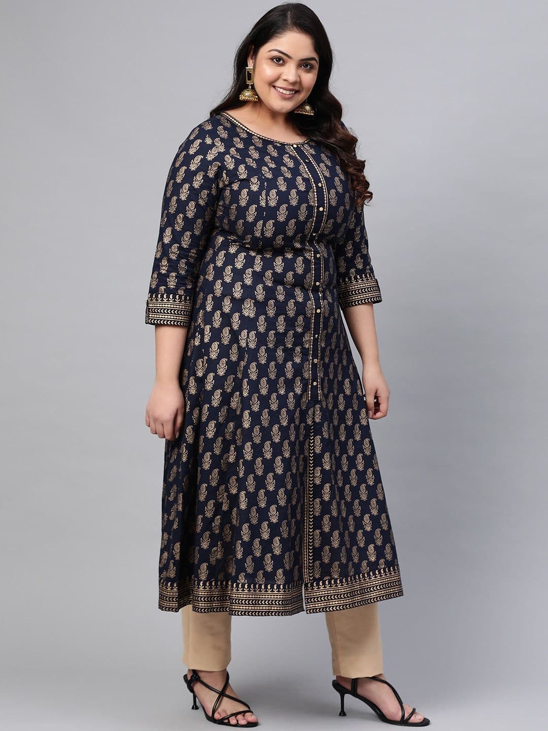 KALINI Round Neck Ethnic Motifs Printed Cotton A-Line Kurta thumbnail 4