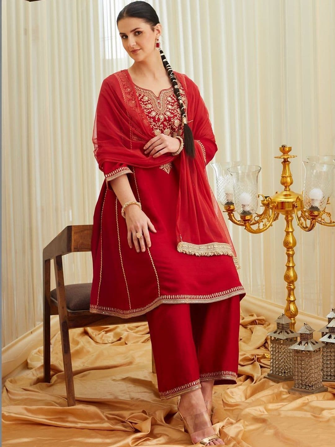 Colors  of Earth Colors of Earth Silk Embroidered Anarkali Kurta And Palazzo Set With Dupatta thumbnail 2