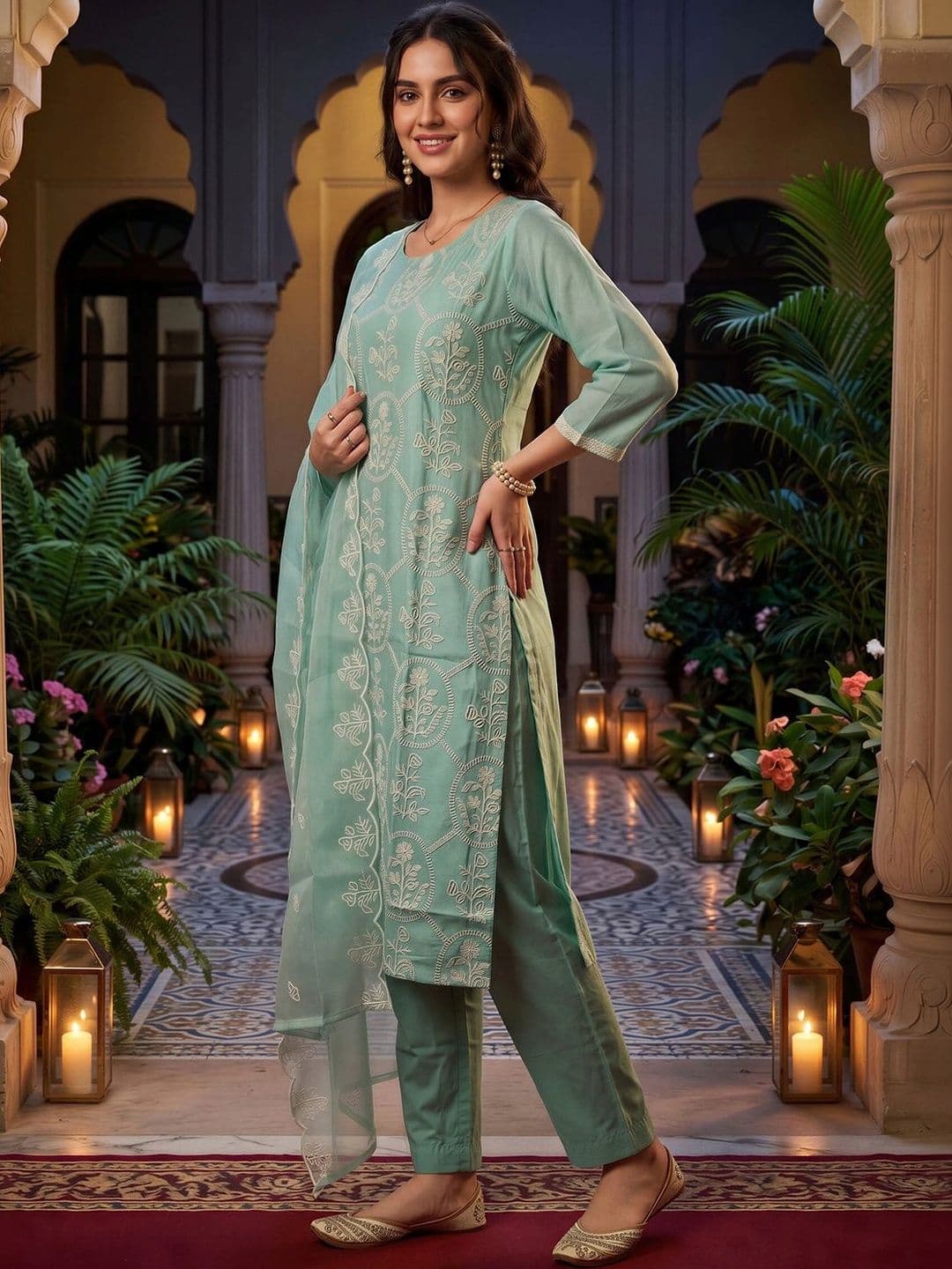 Indo Era Women Ethnic Motifs Embroidered Regular Thread Work Kurta with Trousers & With Dupatta thumbnail 6