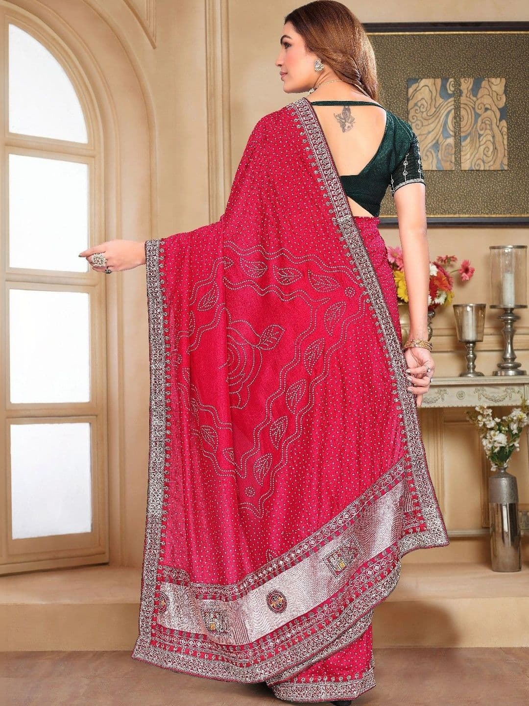 SmileyFashion Bandhani Embroidered Art Silk Designer Saree thumbnail 3