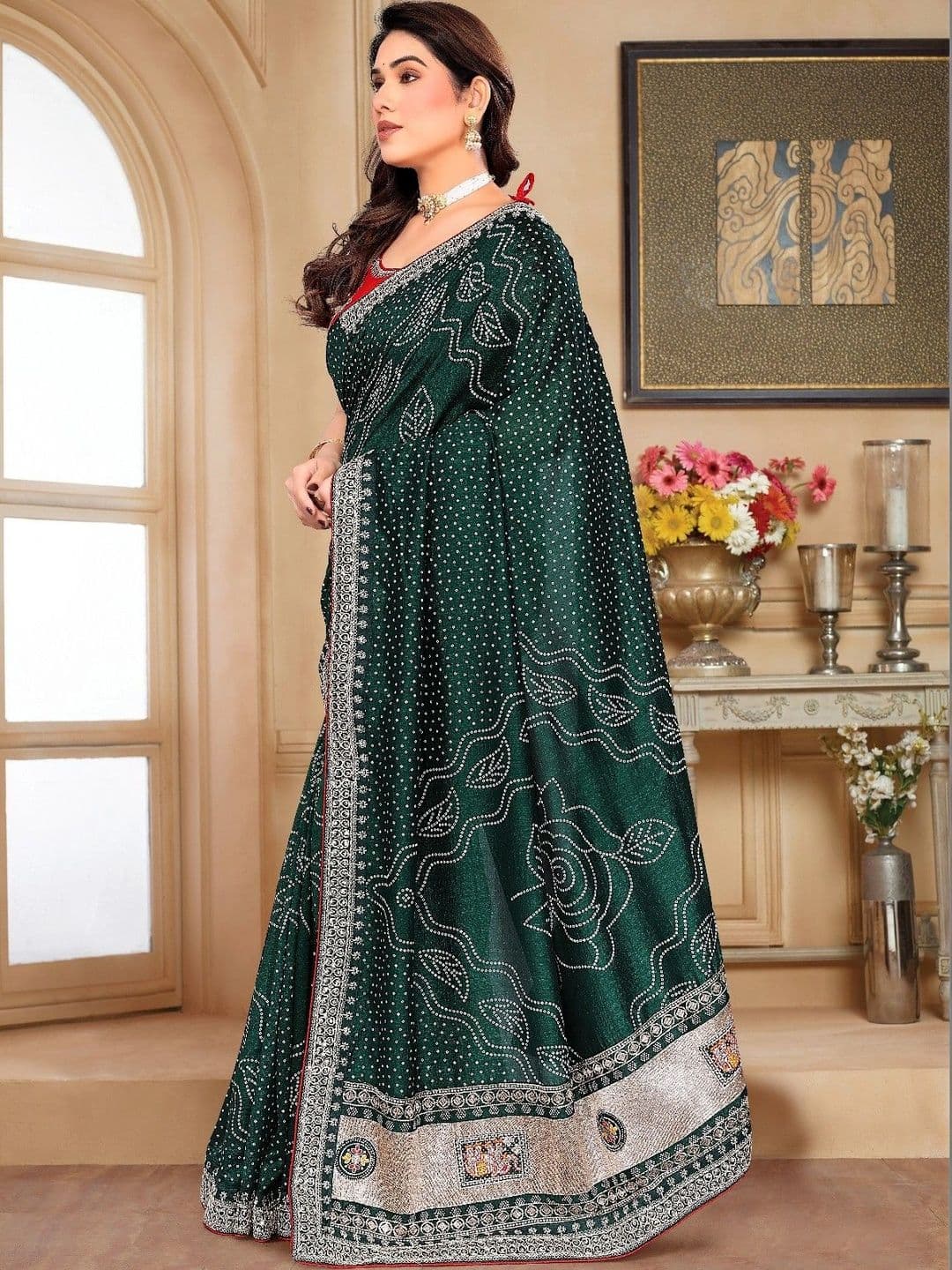 SmileyFashion Bandhani Embroidered Art Silk Designer Saree thumbnail 5
