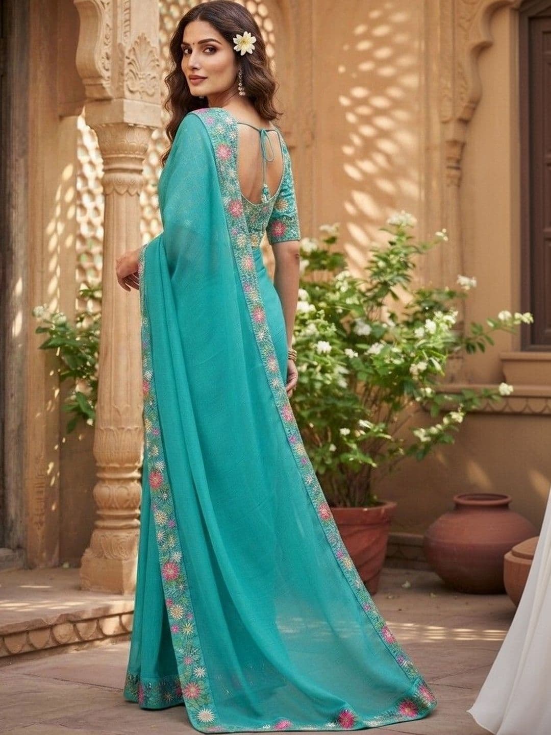 SmileyFashion Floral Embroidered Art Silk Saree thumbnail 5