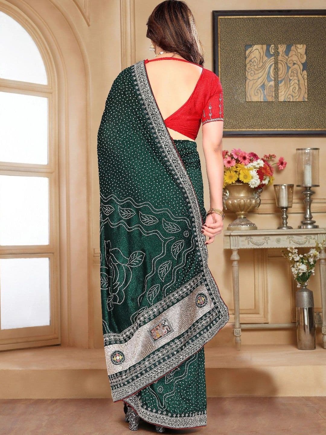 SmileyFashion Bandhani Embroidered Art Silk Designer Saree thumbnail 5
