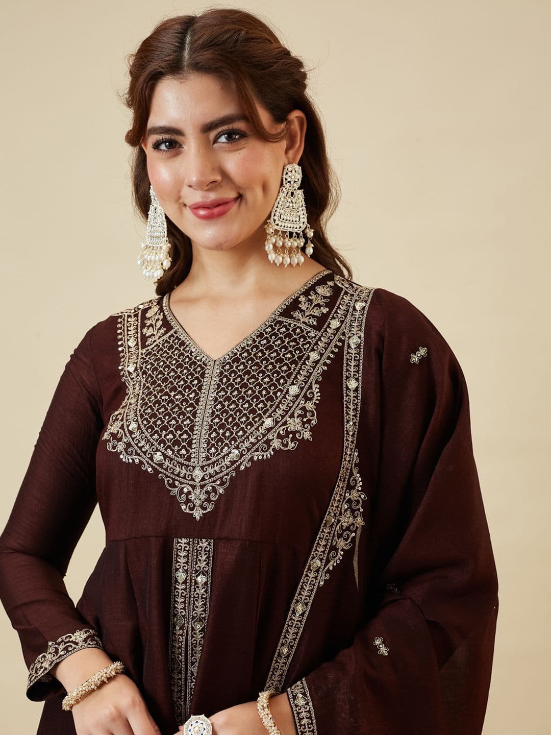 Colors  of Earth Colors of Earth Silk Embroidered Anarkali Kurta And Palazzo Set With Dupatta thumbnail 4