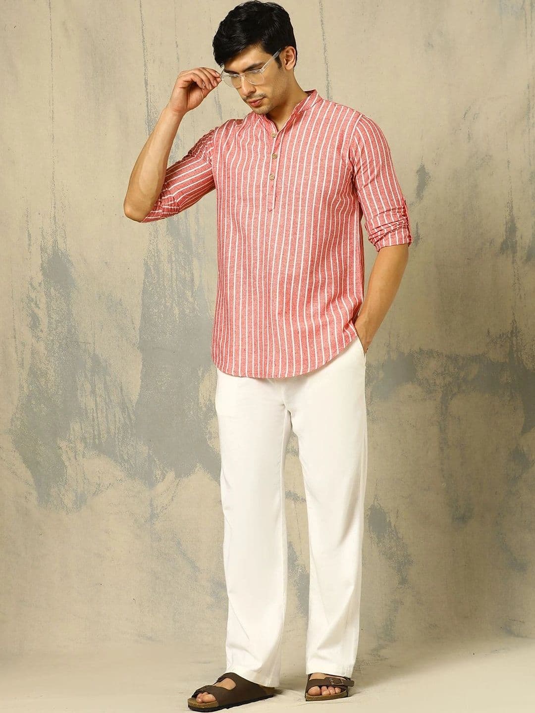 Anouk Woven Design Striped Cotton Handloom Mandarin Collar Short Kurta thumbnail 7