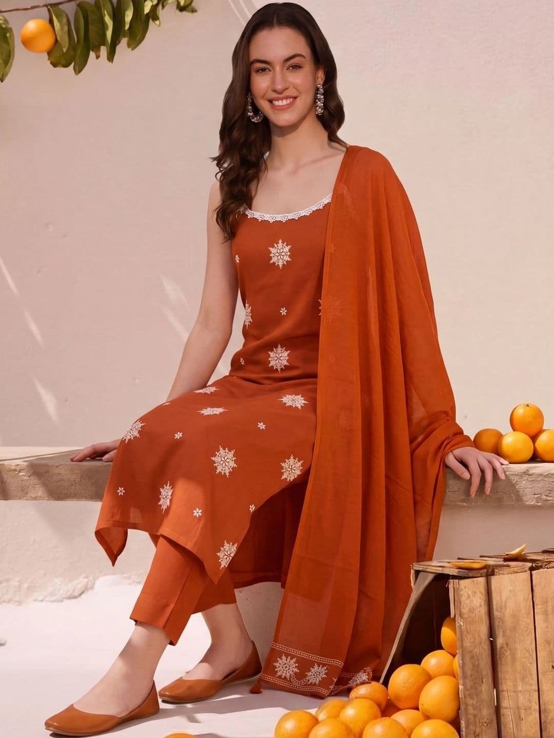 SHREE KHODAL FASHION Women Ethnic Motifs Embroidered Regular Thread Work Pure Cotton Kurta with Trousers & thumbnail 6