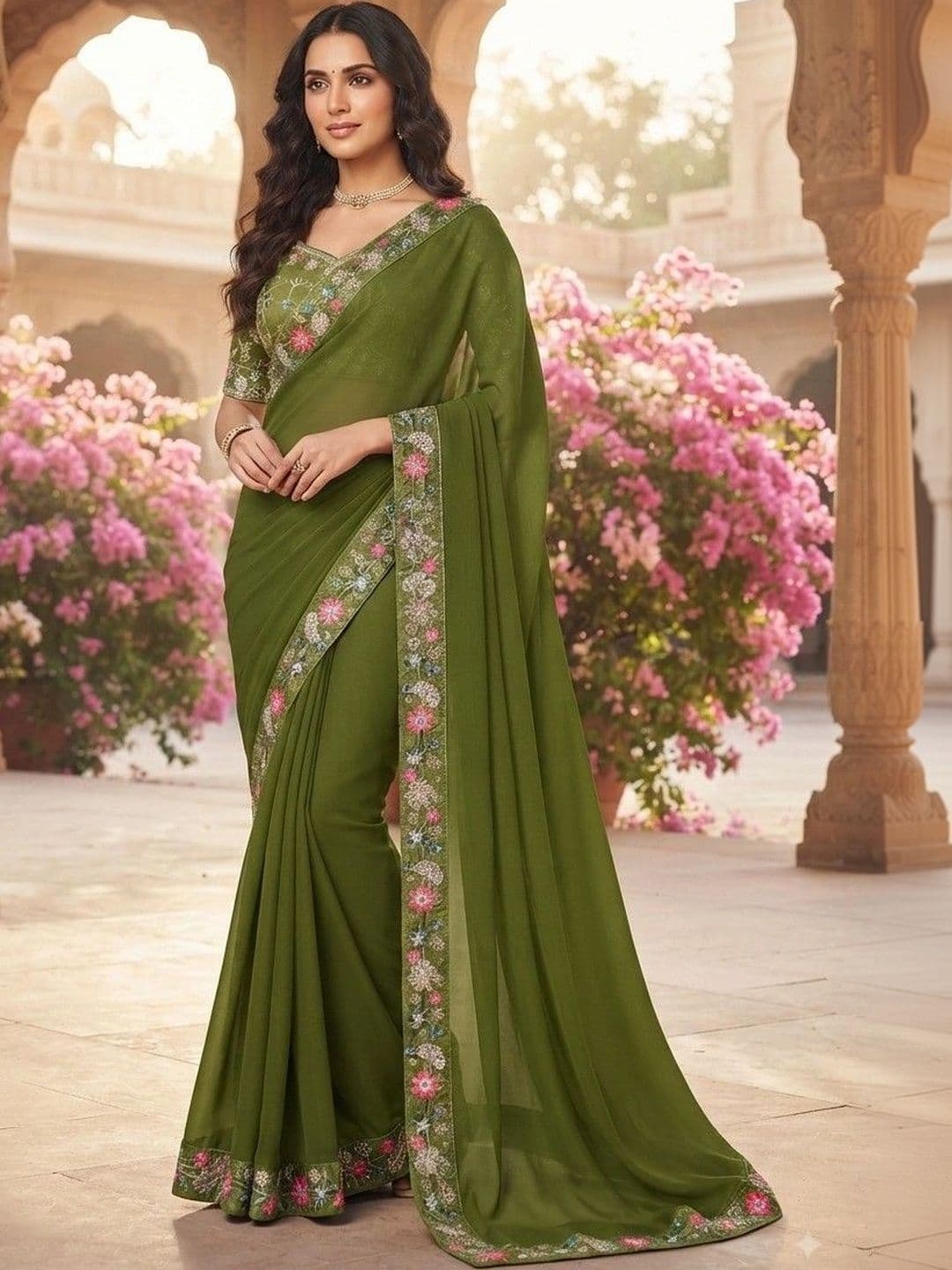 SmileyFashion Floral Embroidered Art Silk Saree - view 1