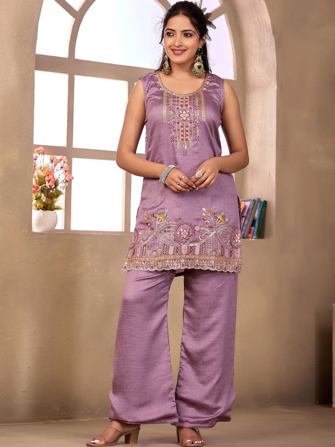 Sangria Floral Embroidered Tunic with Palazzos thumbnail 6