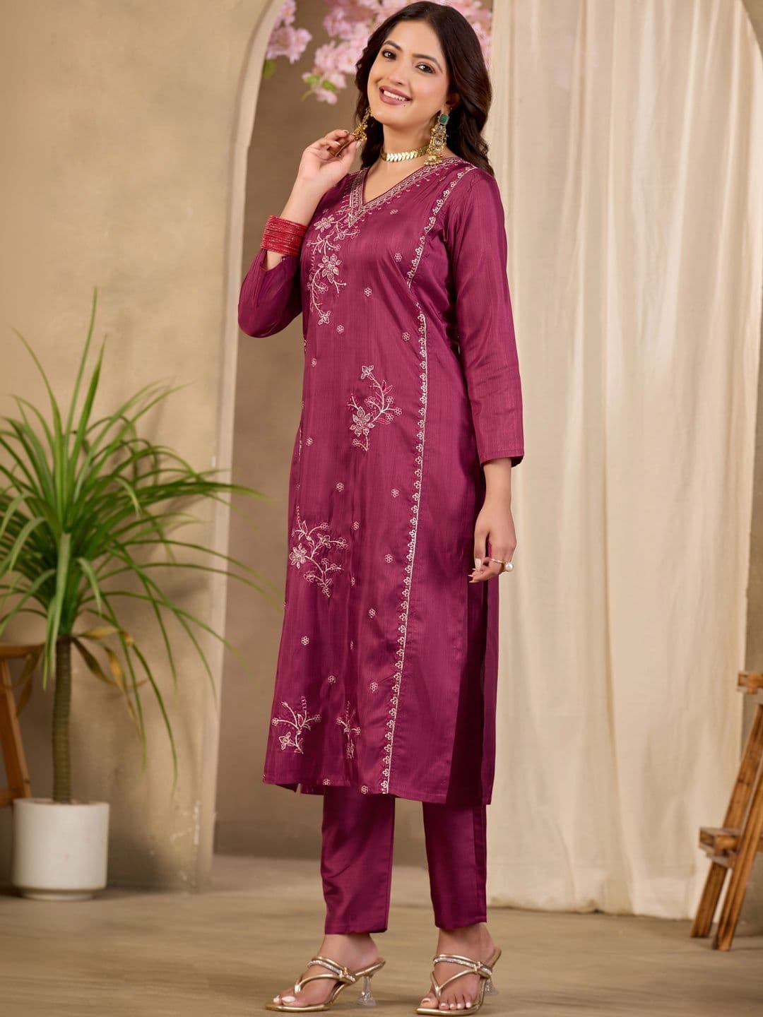 Sangria Floral Embroidered Tunic with Trousers thumbnail 4