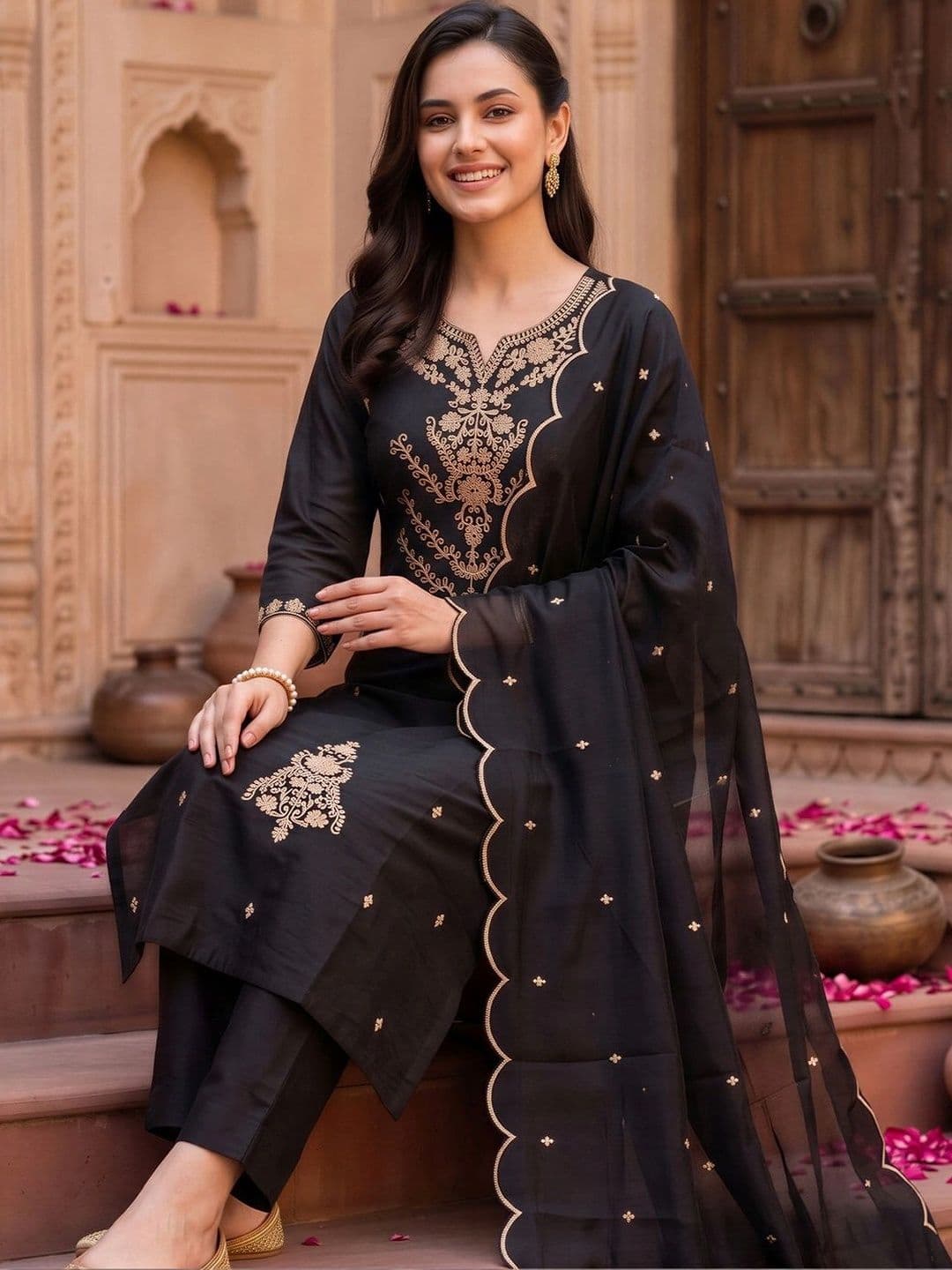 Indo Era Women Ethnic Motifs Embroidered Regular Thread Work Kurta with Trousers & With Dupatta thumbnail 2