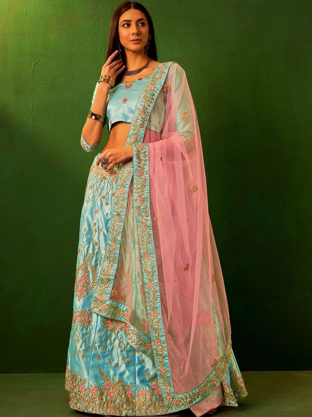 Mitera Embroidered Thread Work Semi-Stitched Lehenga & Unstitched Blouse With Dupatta thumbnail 4