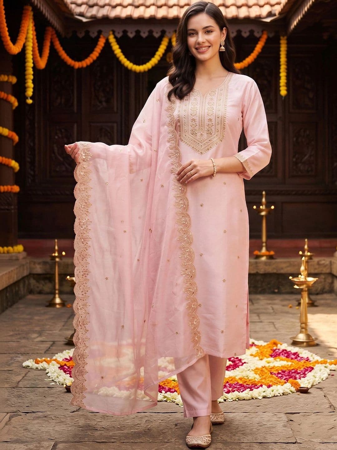 Indo Era Women Ethnic Motifs Embroidered Regular Thread Work Kurta with Trousers & With Dupatta thumbnail 2
