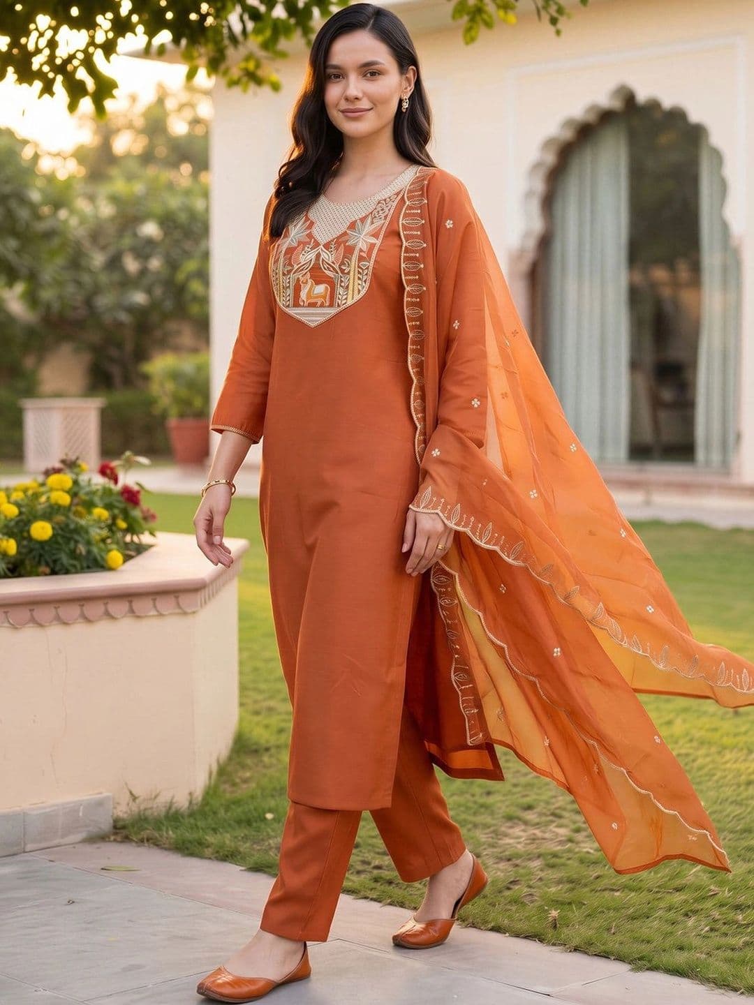 Indo Era Women Ethnic Motifs Embroidered Regular Thread Work Kurta with Trousers & With Dupatta - view 1
