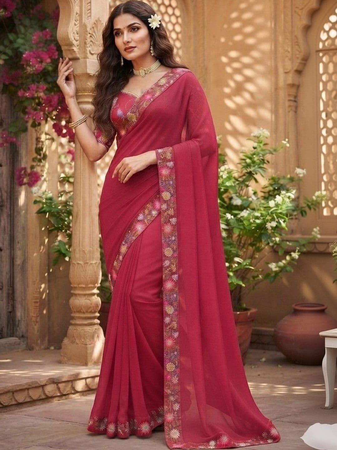 SmileyFashion Floral Art Silk Saree - view 1