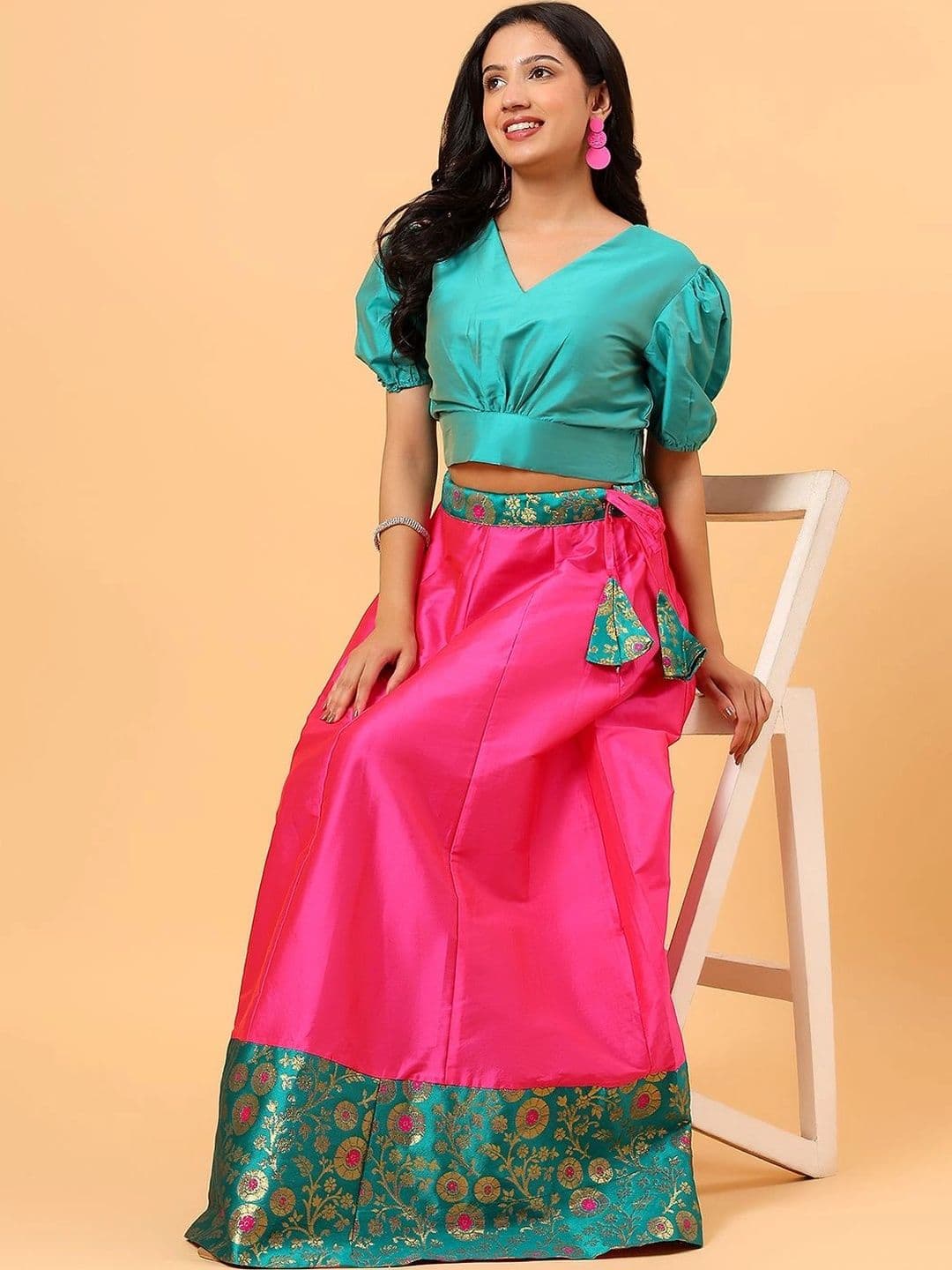 Frolic Rolic Floral Silk Border Skirt & Solid Silk Blouse Set thumbnail 5