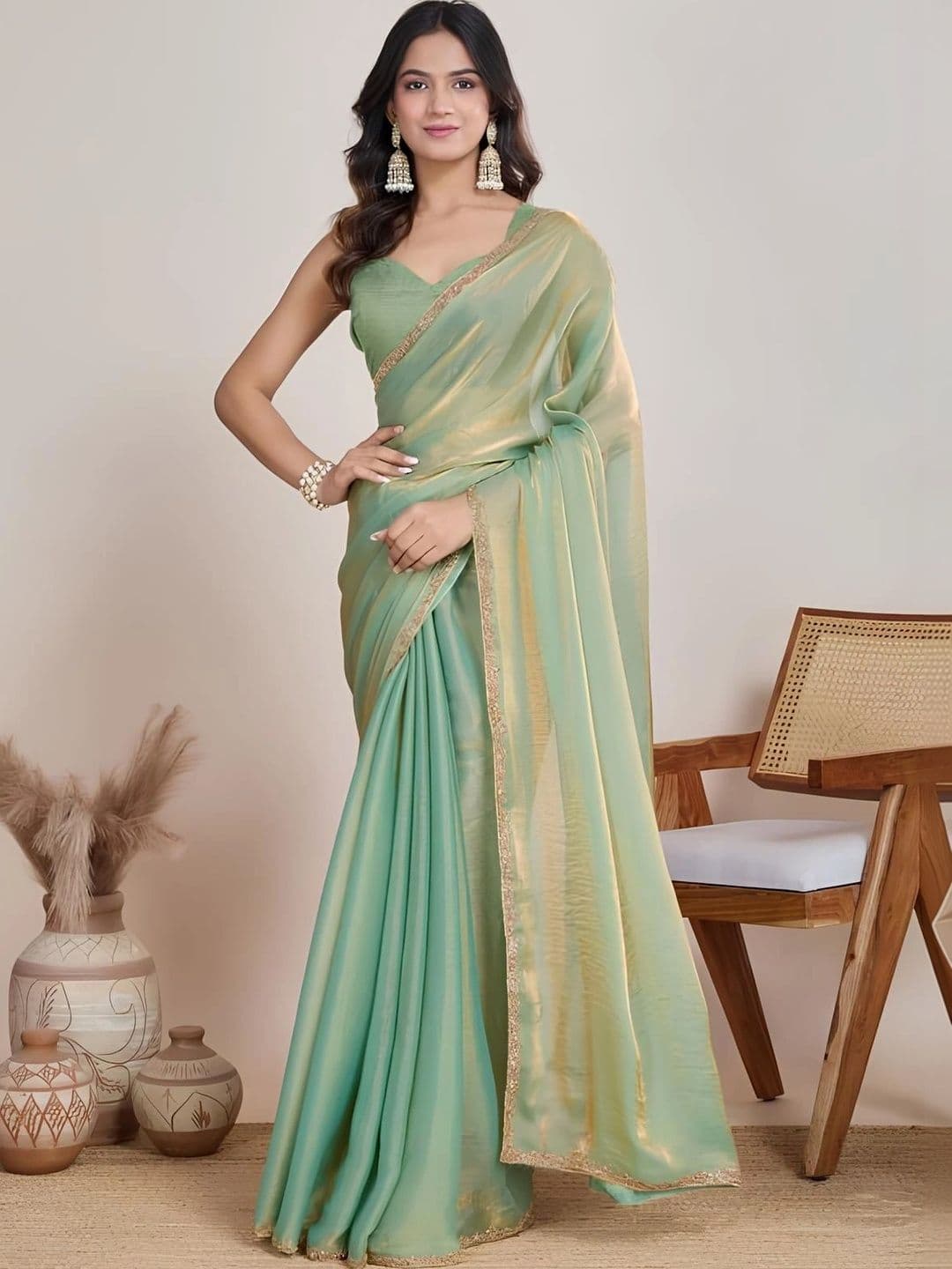 Sangria Beads and Stones Silk Blend Maheshwari Saree - view 1