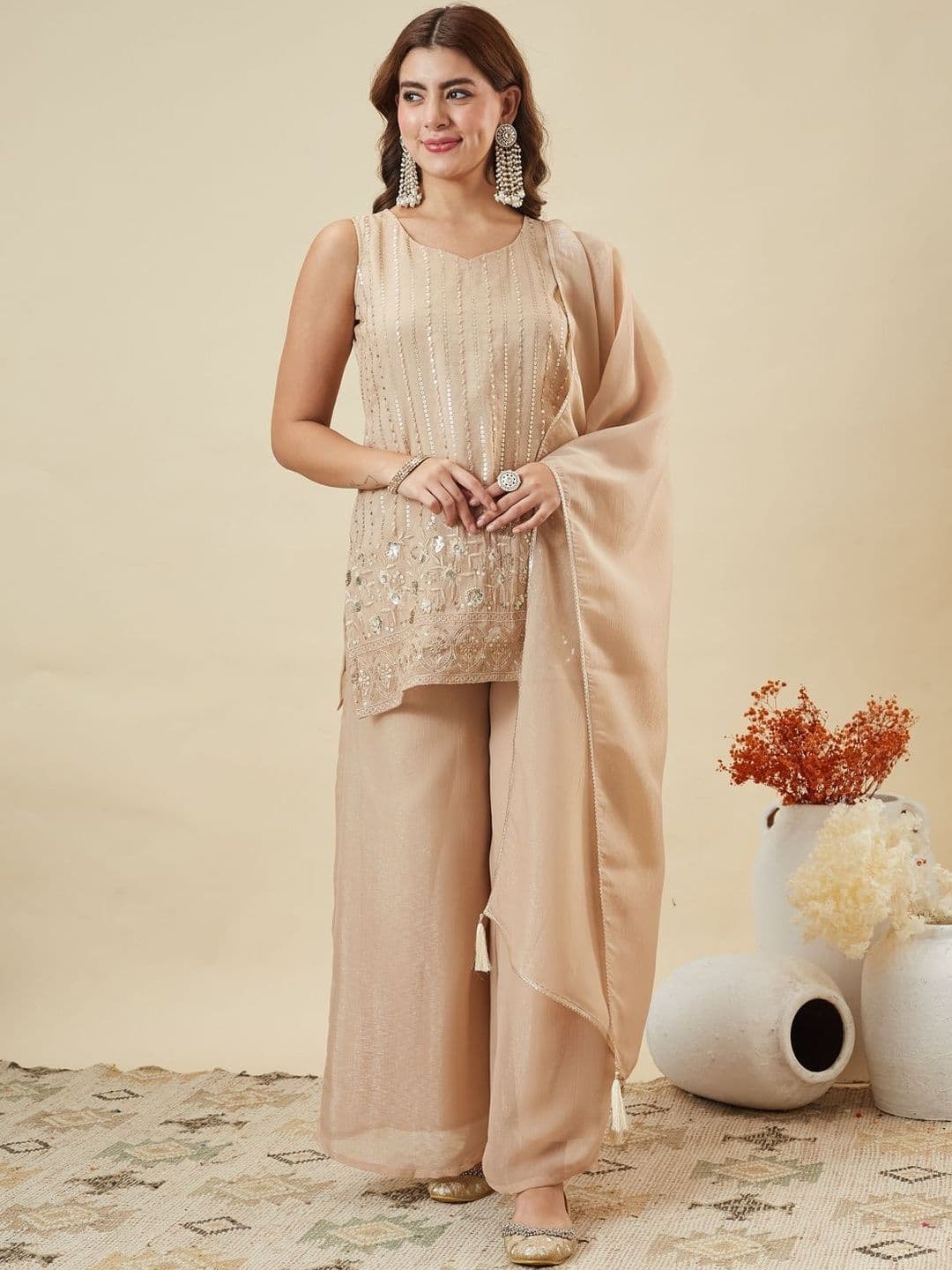 MOKOSH Women Ethnic Motifs Embroidered Silk Kurta with Palazzos & Dupatta thumbnail 5