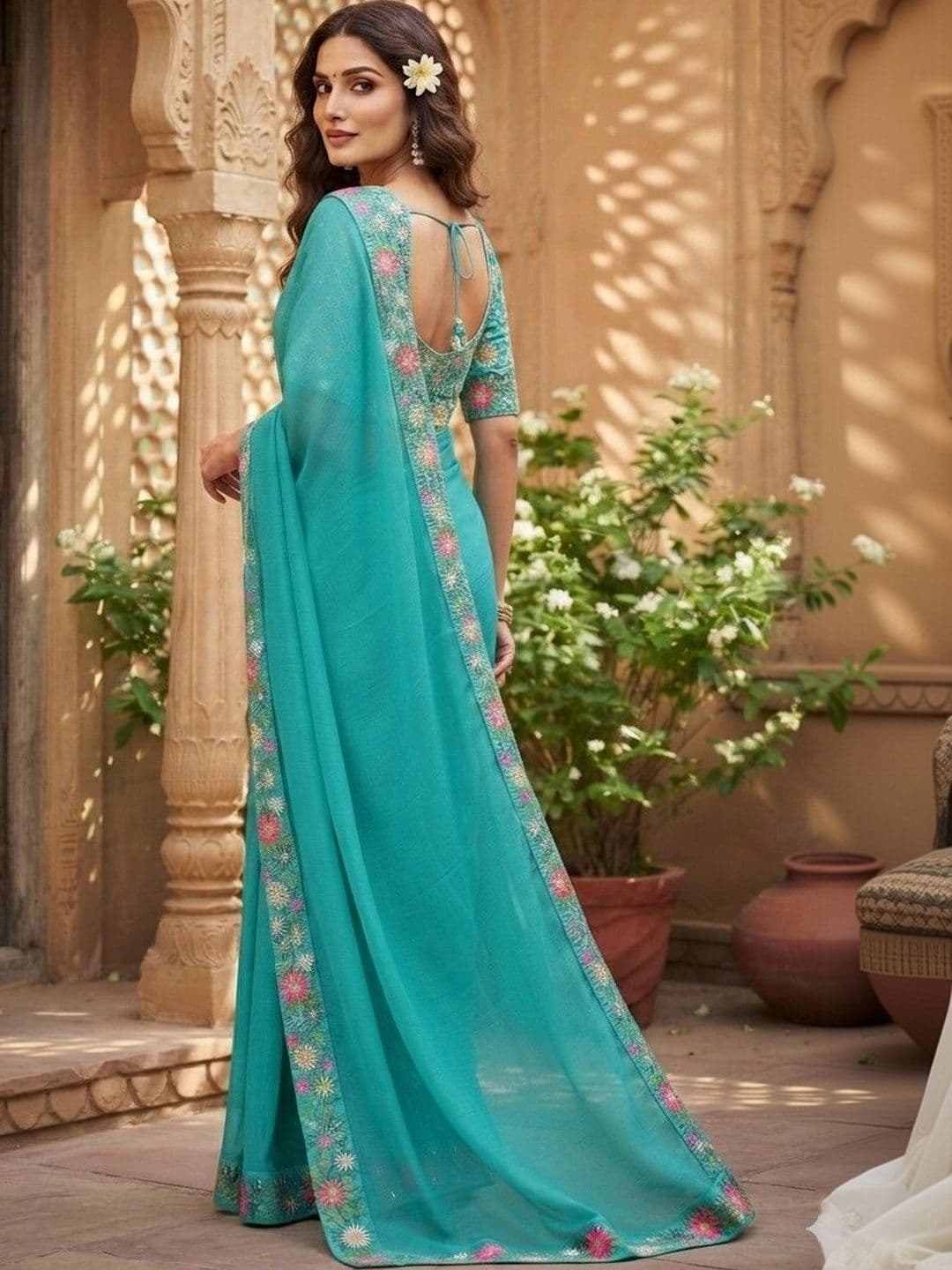 SmileyFashion Floral Embroidered Art Silk Saree thumbnail 2