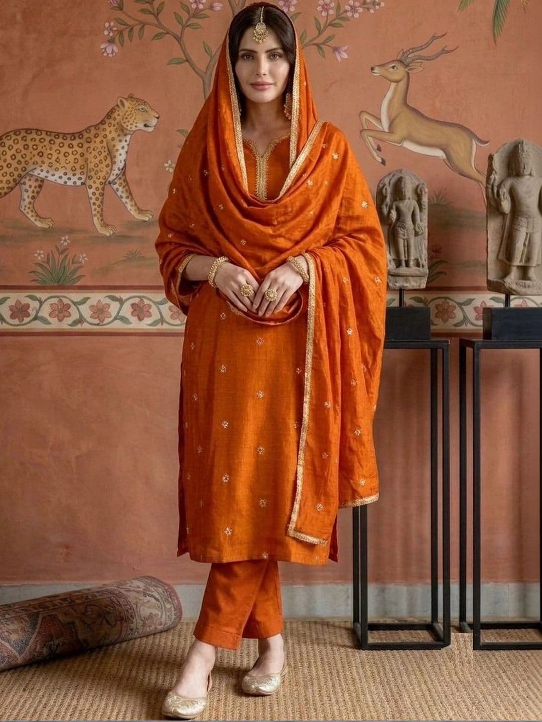 Sangria Women Ethnic Motifs Embroidered Regular Thread Work Pure Silk Kurta with Trousers & With Dupatta thumbnail 4