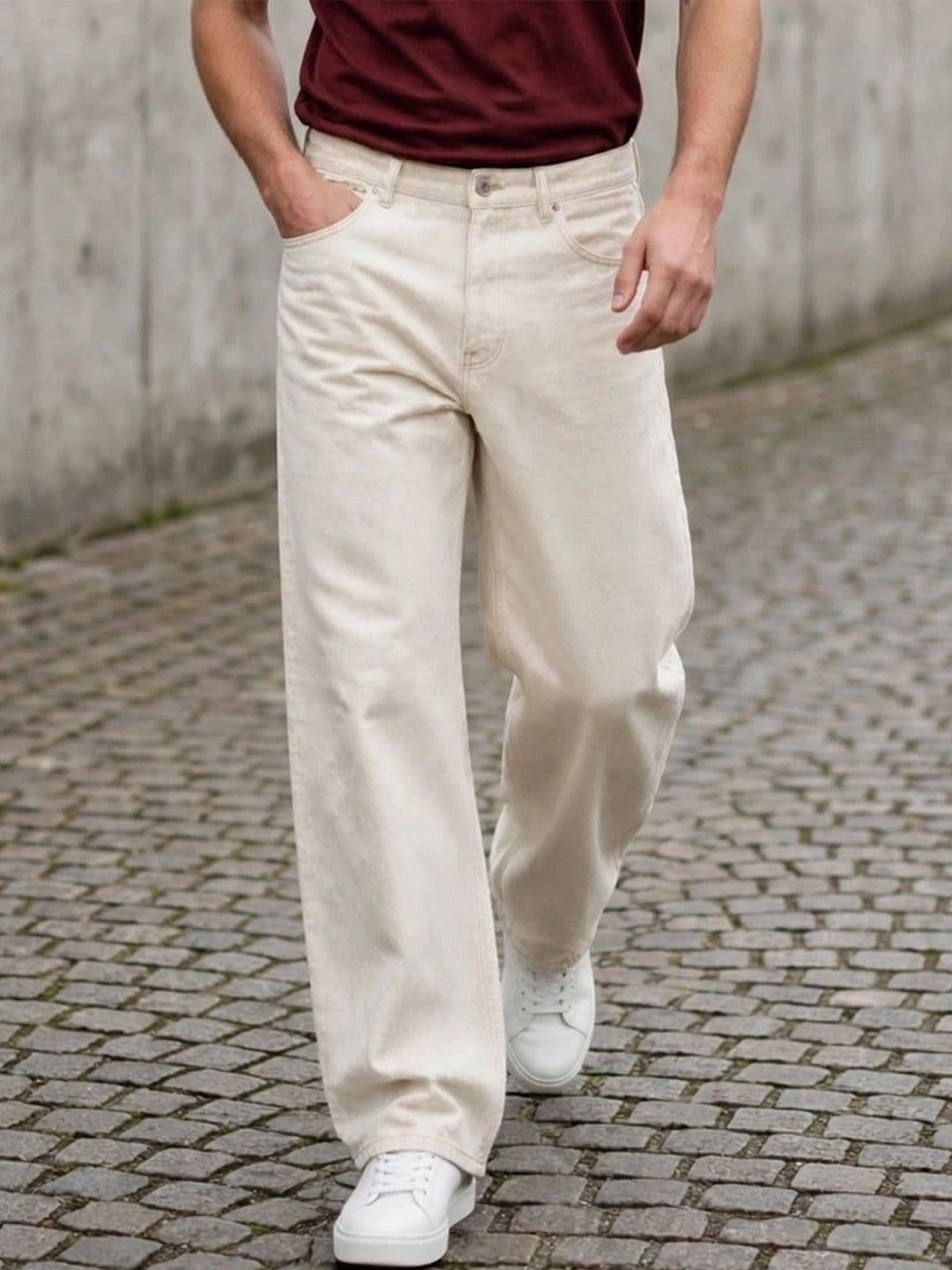 HERE&NOW Men's Beige Mid-Rise Wide-Leg Jeans - view 1