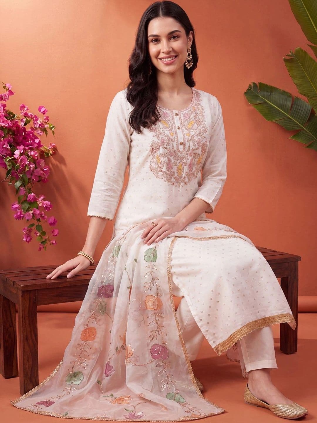 Indo Era Women Ethnic Motifs Embroidered Regular Thread Work Kurta with Trousers & With Dupatta thumbnail 5