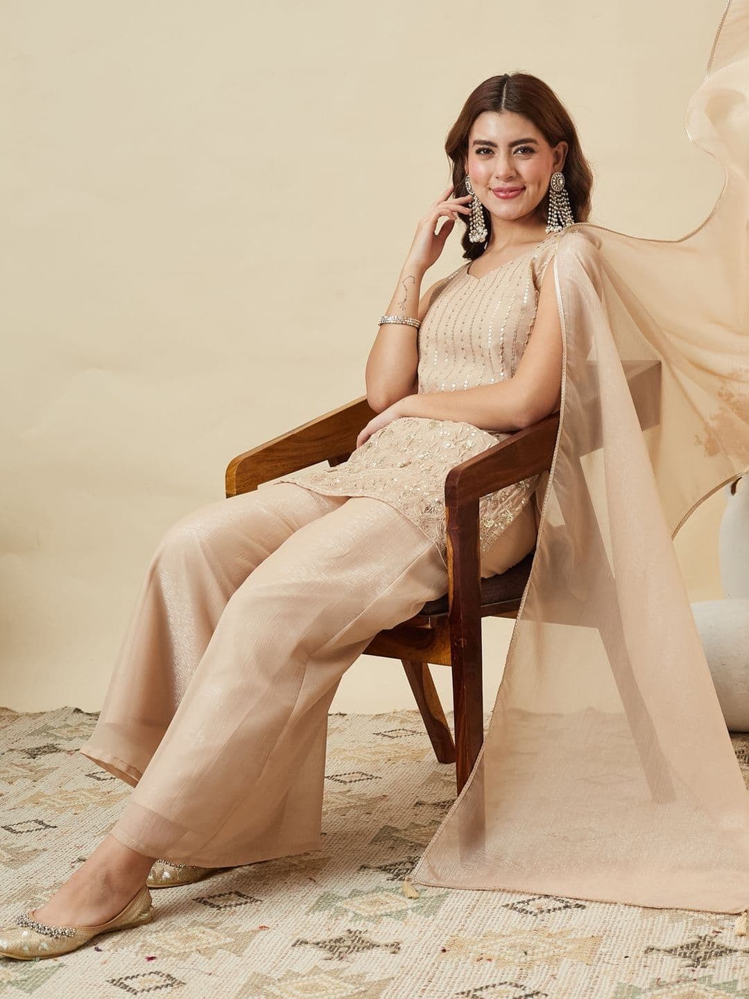 MOKOSH Women Ethnic Motifs Embroidered Silk Kurta with Palazzos & Dupatta - view 1