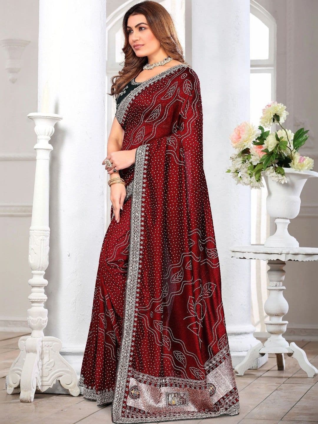 SmileyFashion Bandhani Embroidered Art Silk Designer Saree thumbnail 2