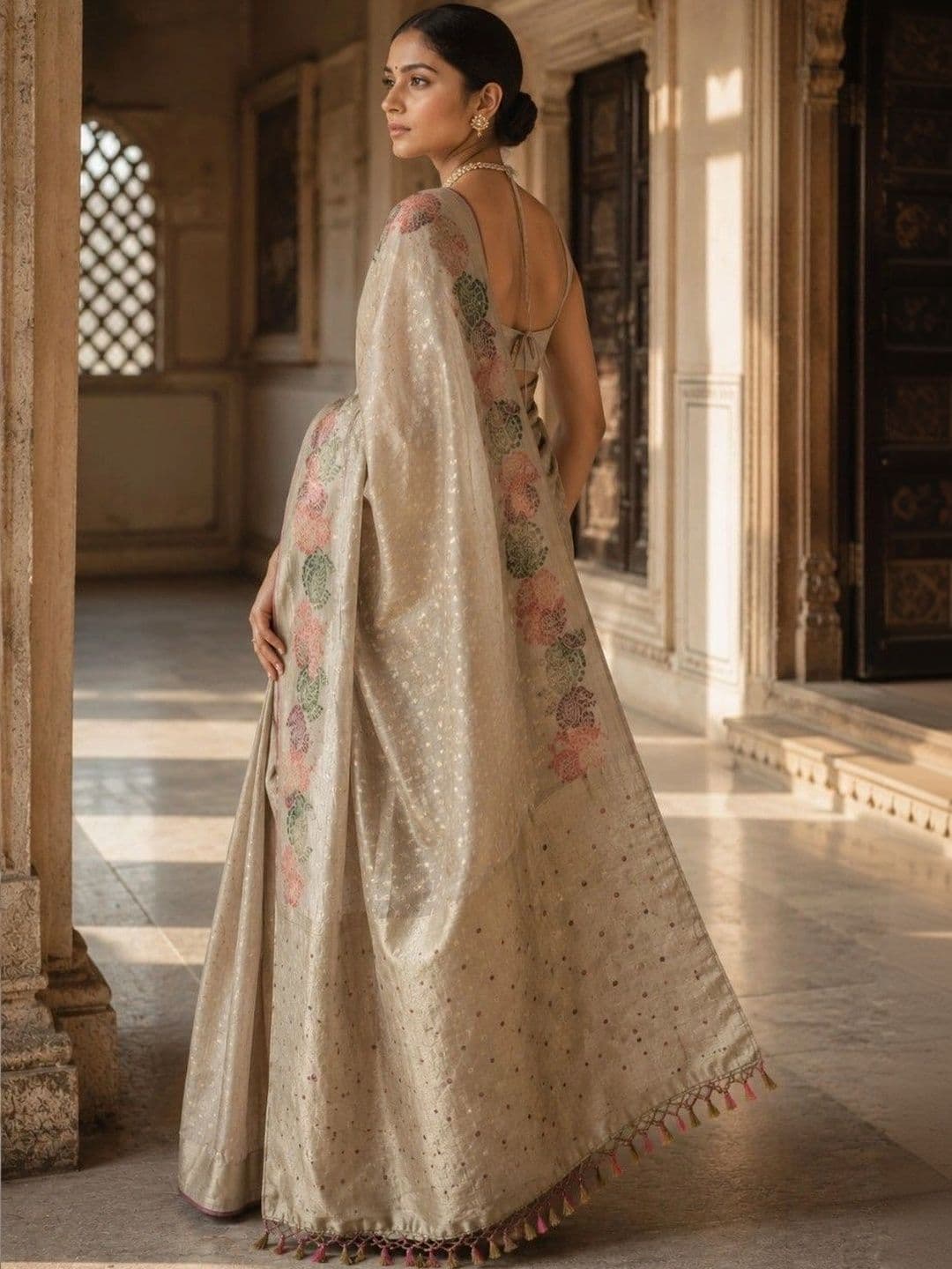 House of Neyvara Floral Zardozi Linen Blend Banarasi Saree thumbnail 3