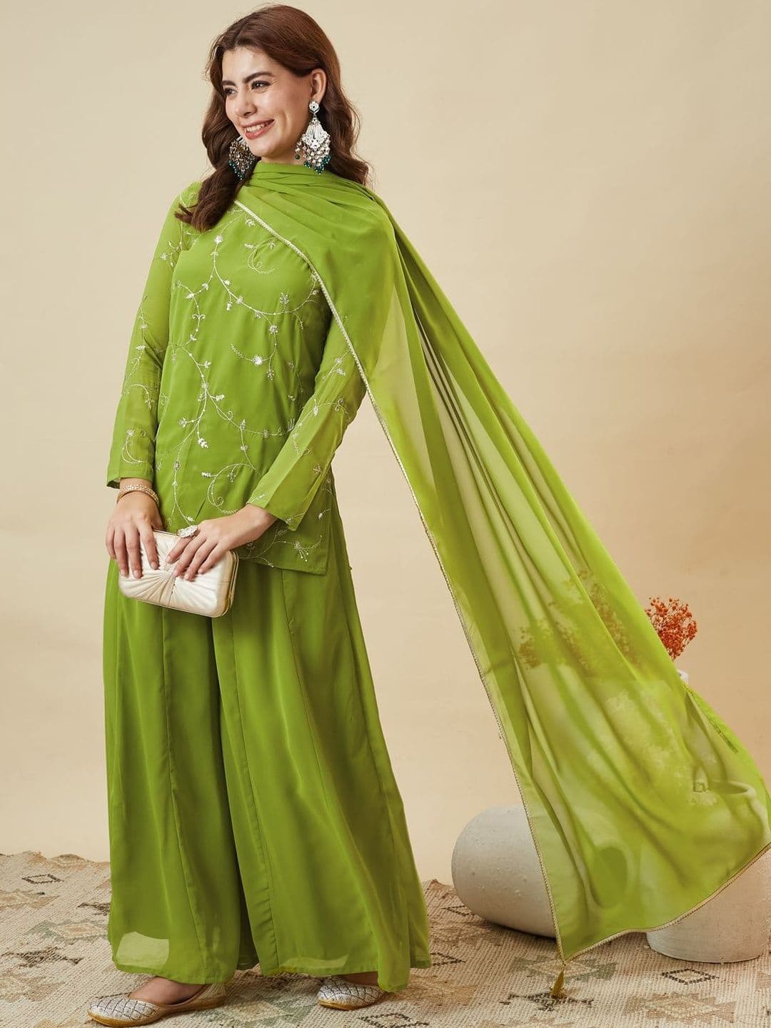 MOKOSH Women Ethnic Motifs Embroidered Regular Thread Work Kurta with Palazzos & With Dupatta thumbnail 4