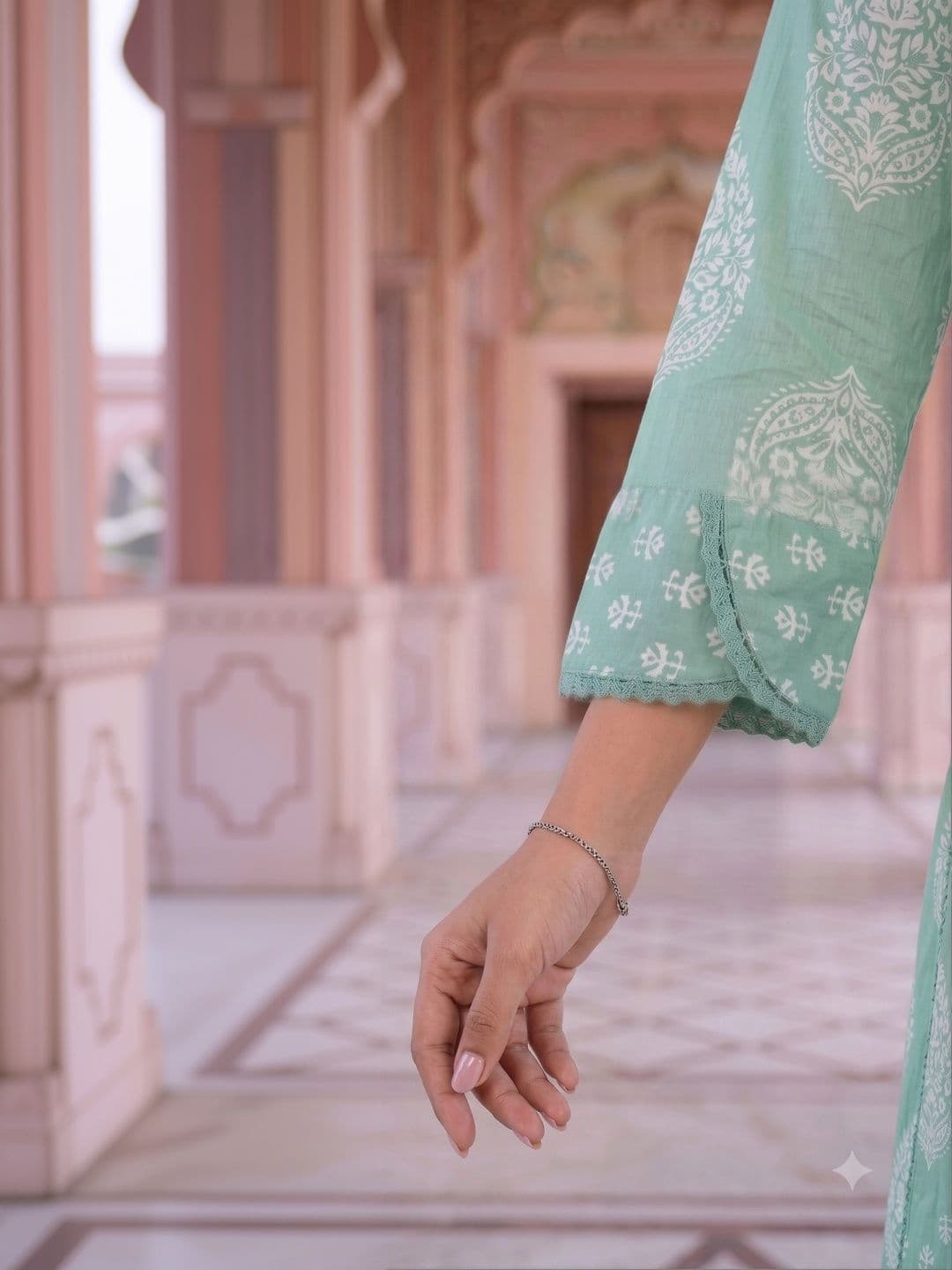 KALINI Women Ethnic Motifs Printed Angrakha Sequinned Pure Cotton Kurta with Trousers & With Dupatta thumbnail 3