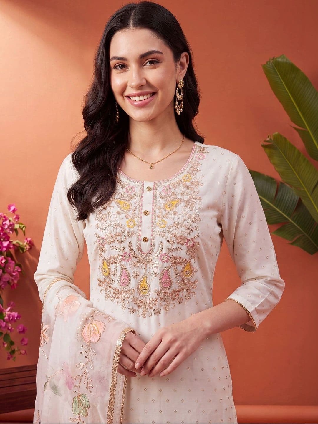 Indo Era Women Ethnic Motifs Embroidered Regular Thread Work Kurta with Trousers & With Dupatta thumbnail 4