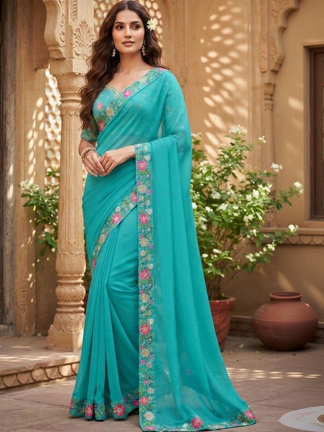 SmileyFashion Floral Embroidered Art Silk Saree - view 1