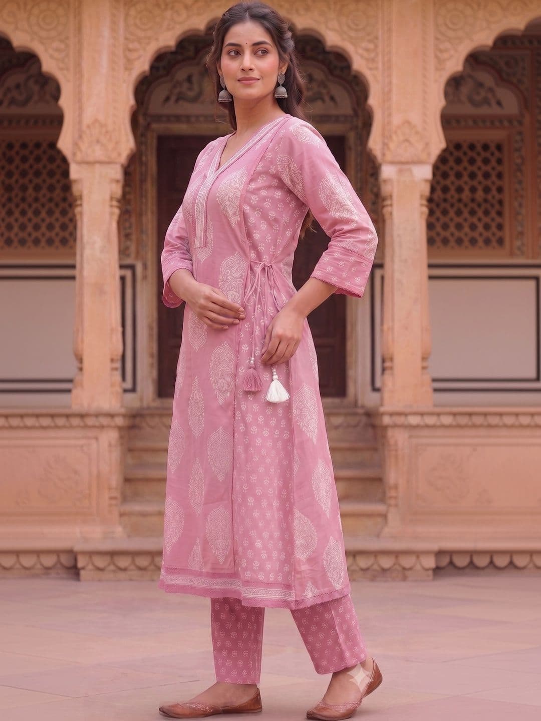 KALINI Women Ethnic Motifs Printed Angrakha Sequinned Pure Cotton Kurta with Trousers & With Dupatta thumbnail 4