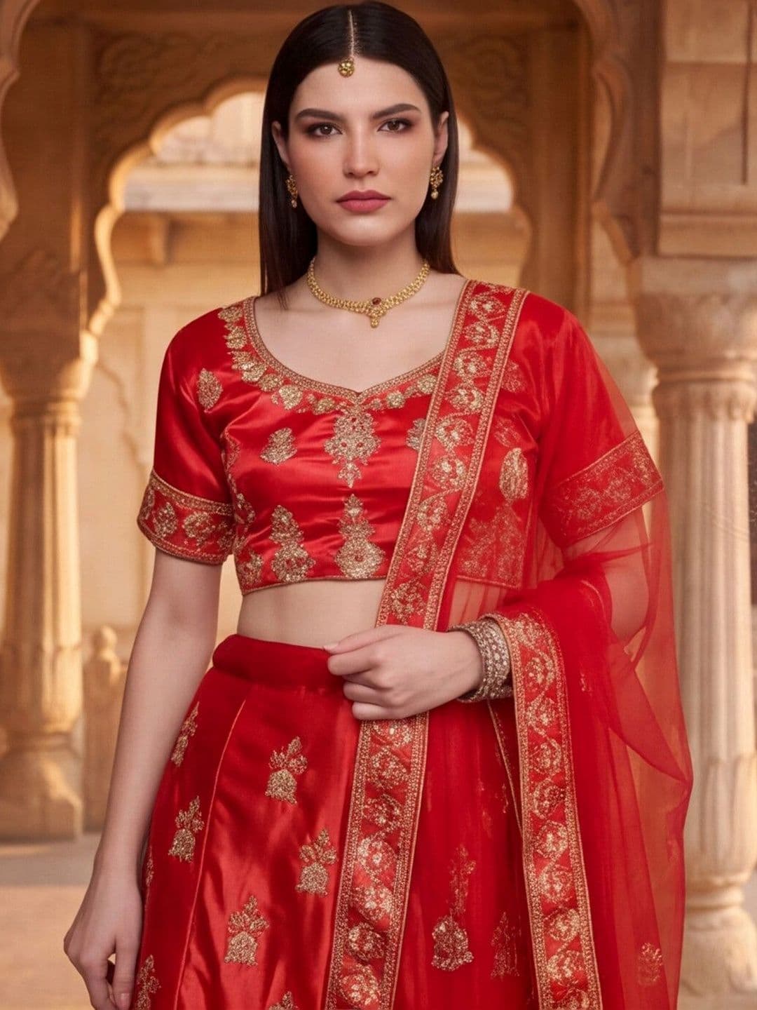 Mitera Embroidered Semi-Stitched Lehenga & Unstitched Blouse With Dupatta thumbnail 4
