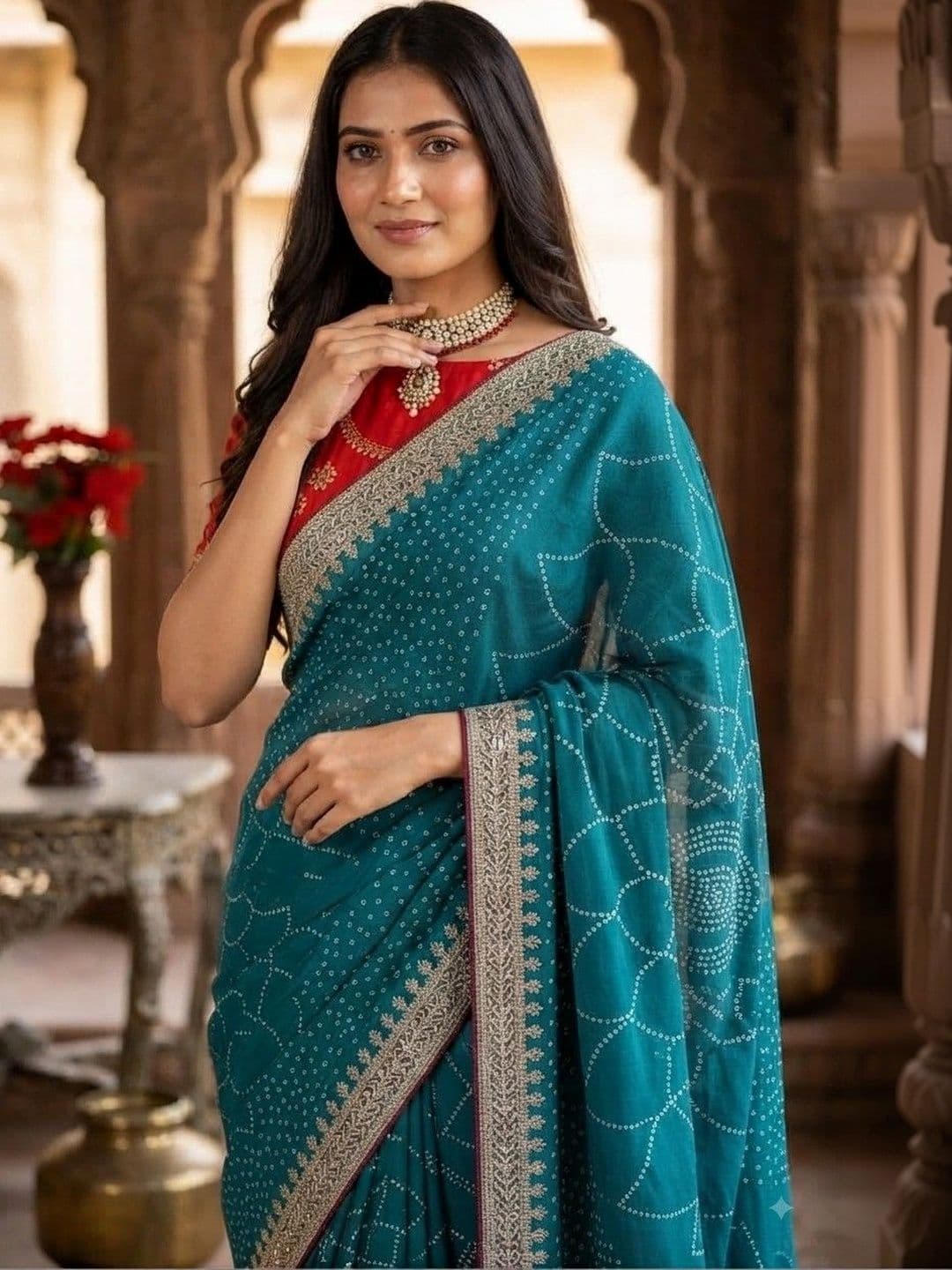 SmileyFashion Bandhani Embroidered Art Silk Designer Saree thumbnail 2