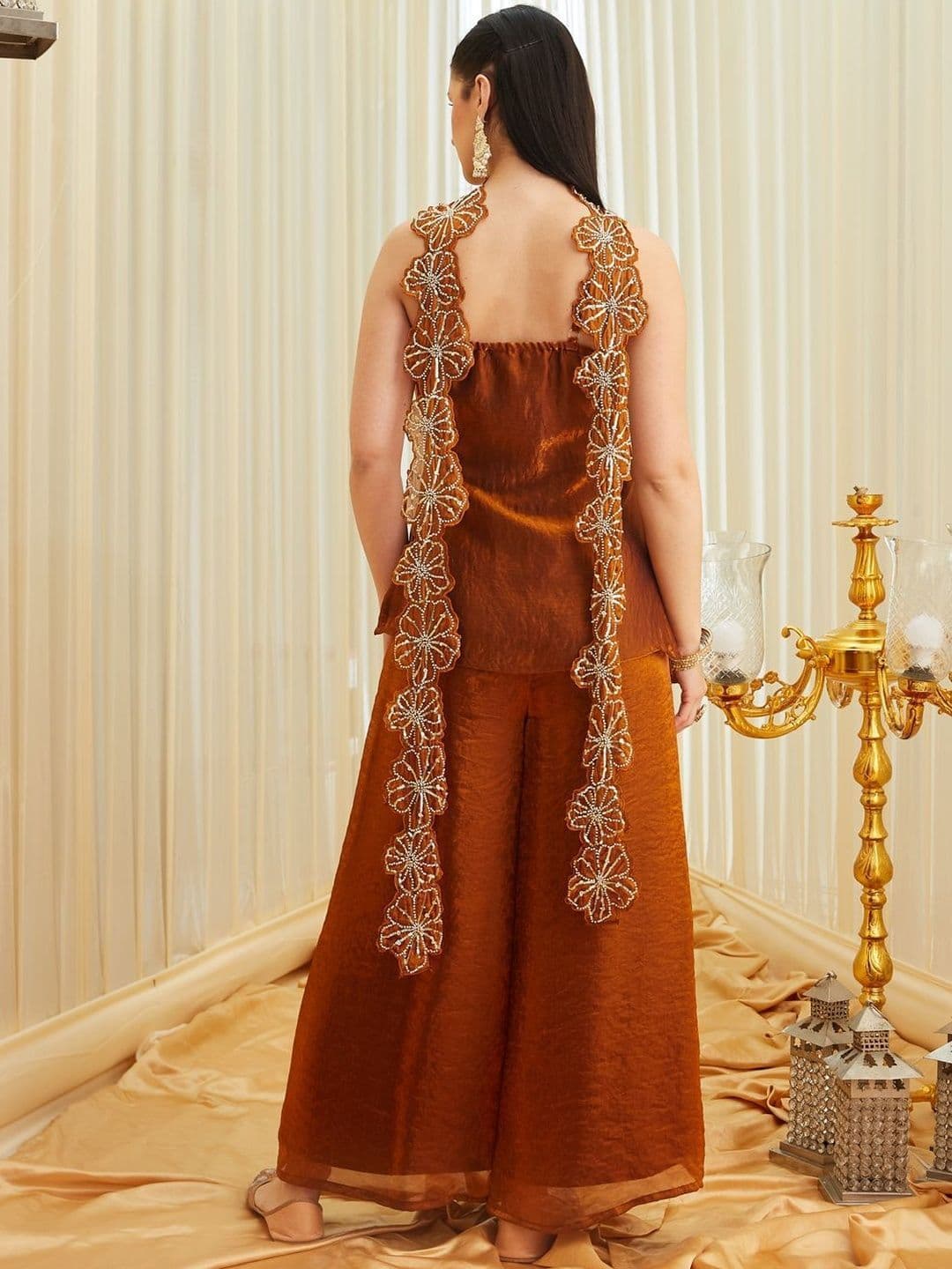 Colors  of Earth Colors of Earth Silk Embroidered Beadswork Short Kurti With Bell Bottom Pant With Dupatta thumbnail 6