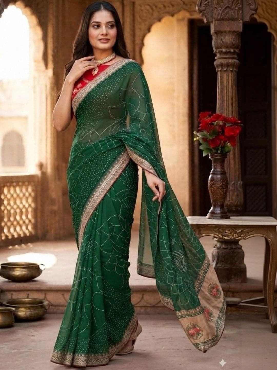 SmileyFashion Bandhani Embroidered Art Silk Designer Saree thumbnail 2