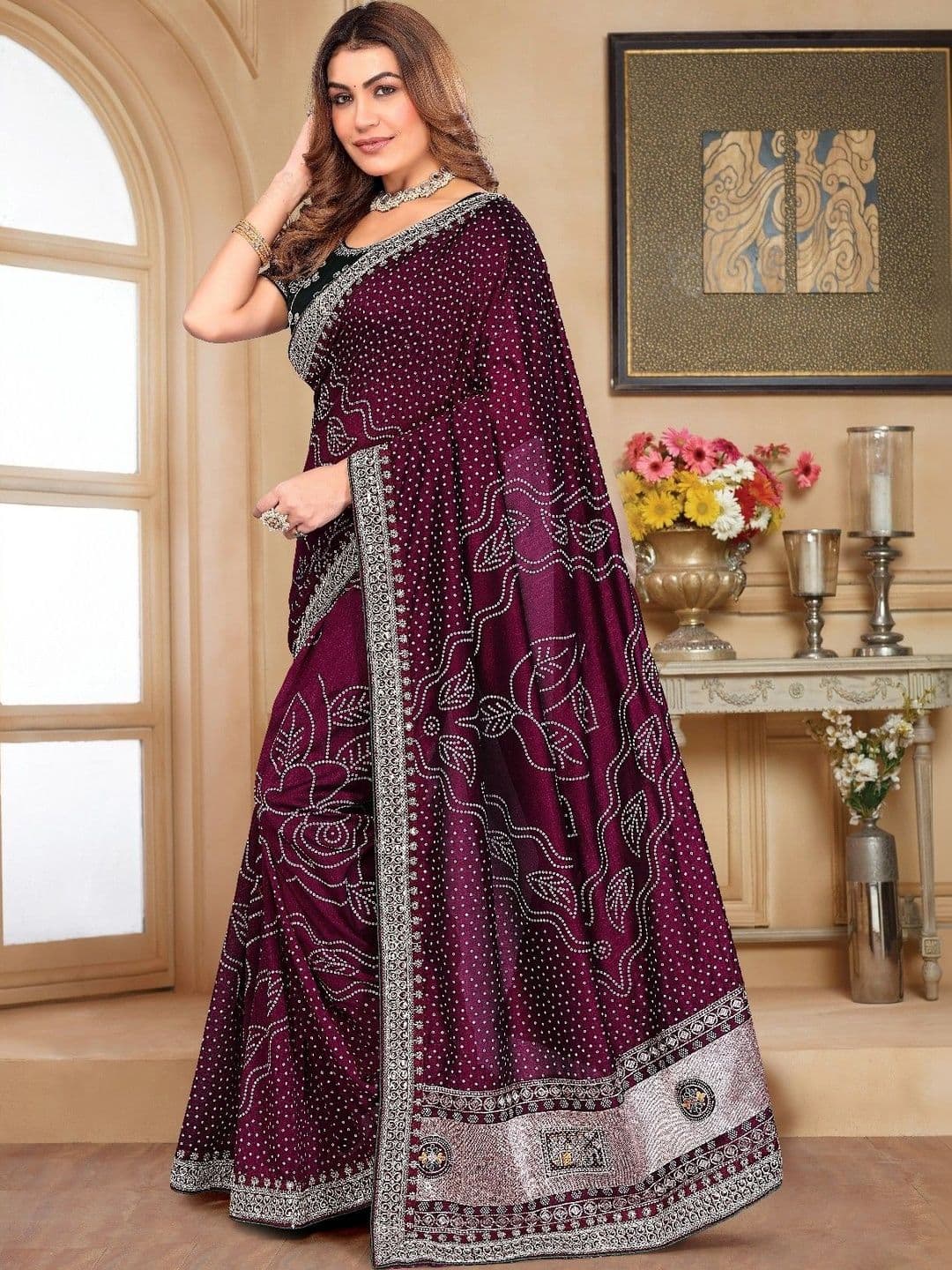 SmileyFashion Bandhani Embroidered Art Silk Designer Saree thumbnail 4